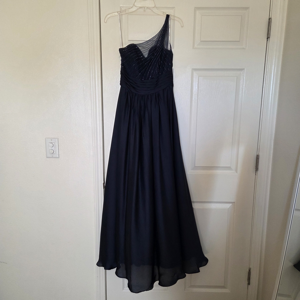 One-Shoulder Navy Evening Gown with Beaded Bodice